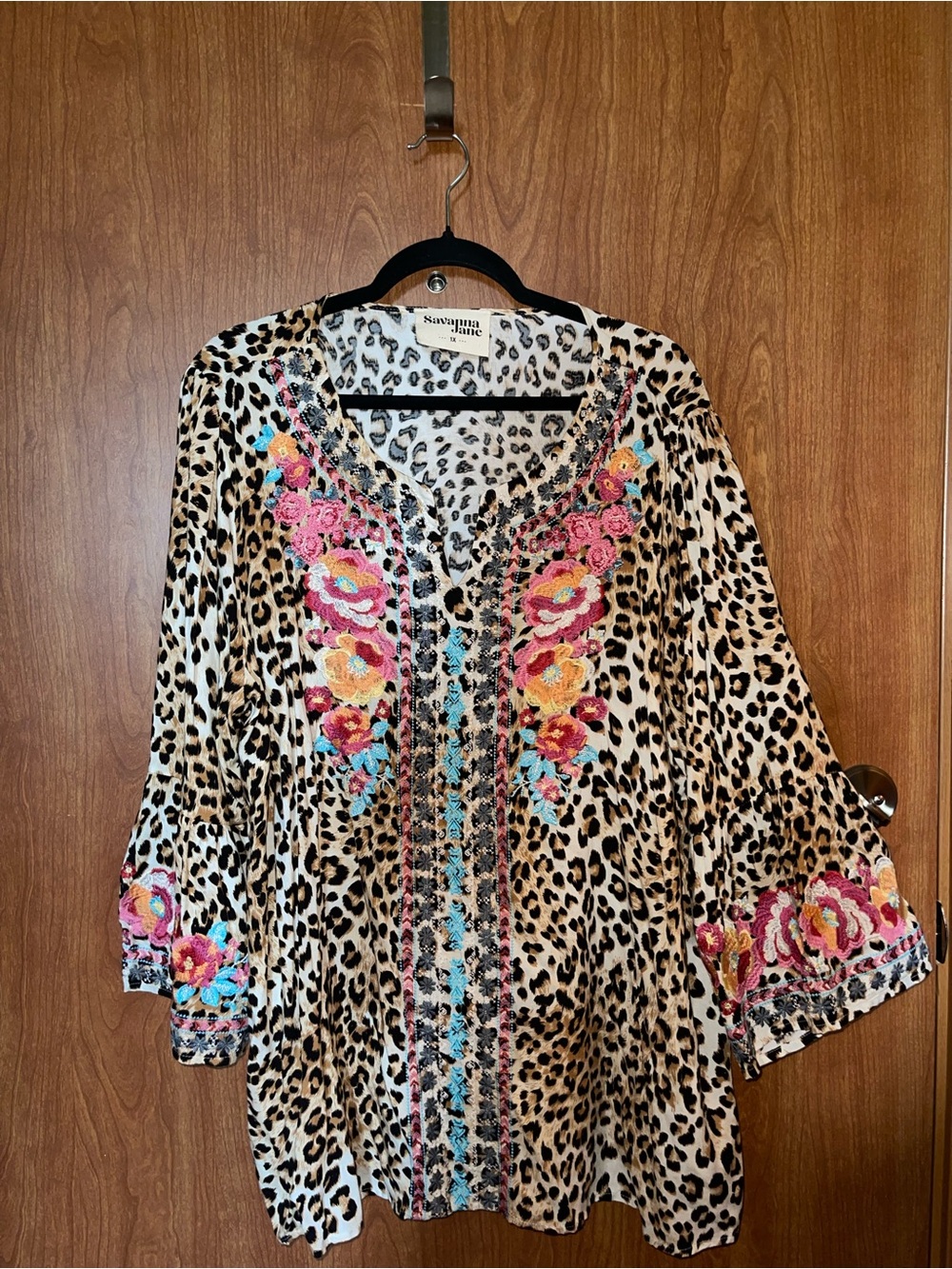 Savanna Jane NWOT Leopard Tunic with Pink & Turquoise Floral Embroidery